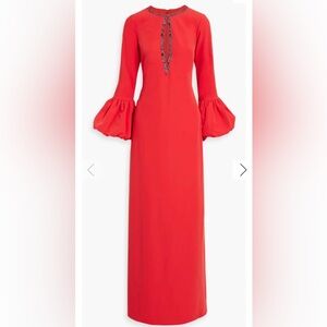 Marchesa Red Long Sleeve Dress with Embellished Neckline